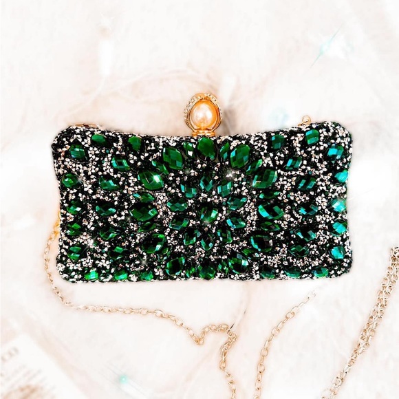 WLM Handbags - Glam Rhinestone Clutch in Emerald Green